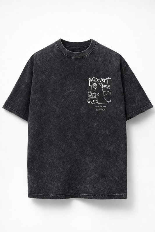 Introvert Time Black Acid Wash Oversized T-Shirt 240 GSM 100% Pure Cotton