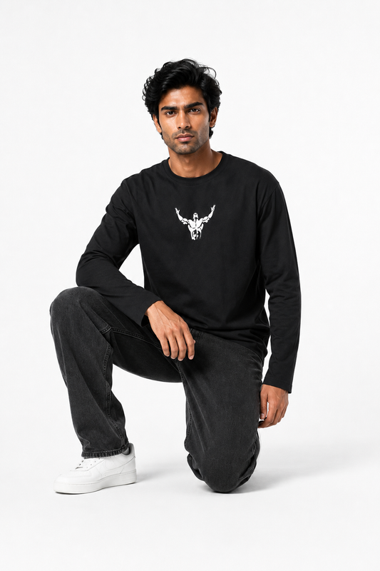 Victory Strength Minimal Graphic Long-Sleeve Cotton T-Shirt – Black