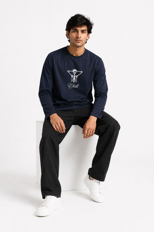 Chill Skeleton Graphic Navy Long Sleeve T-Shirt – Regular Fit