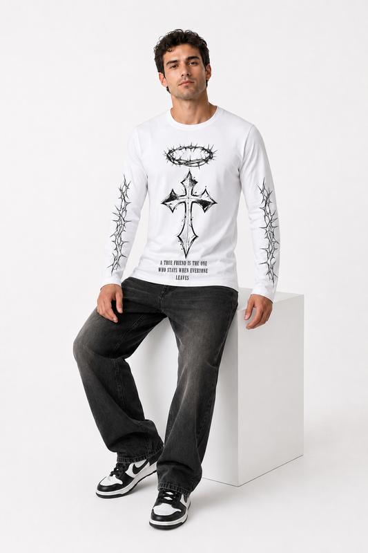 True Friend Cross Graphic White Long Sleeve T-Shirt – Regular Fit