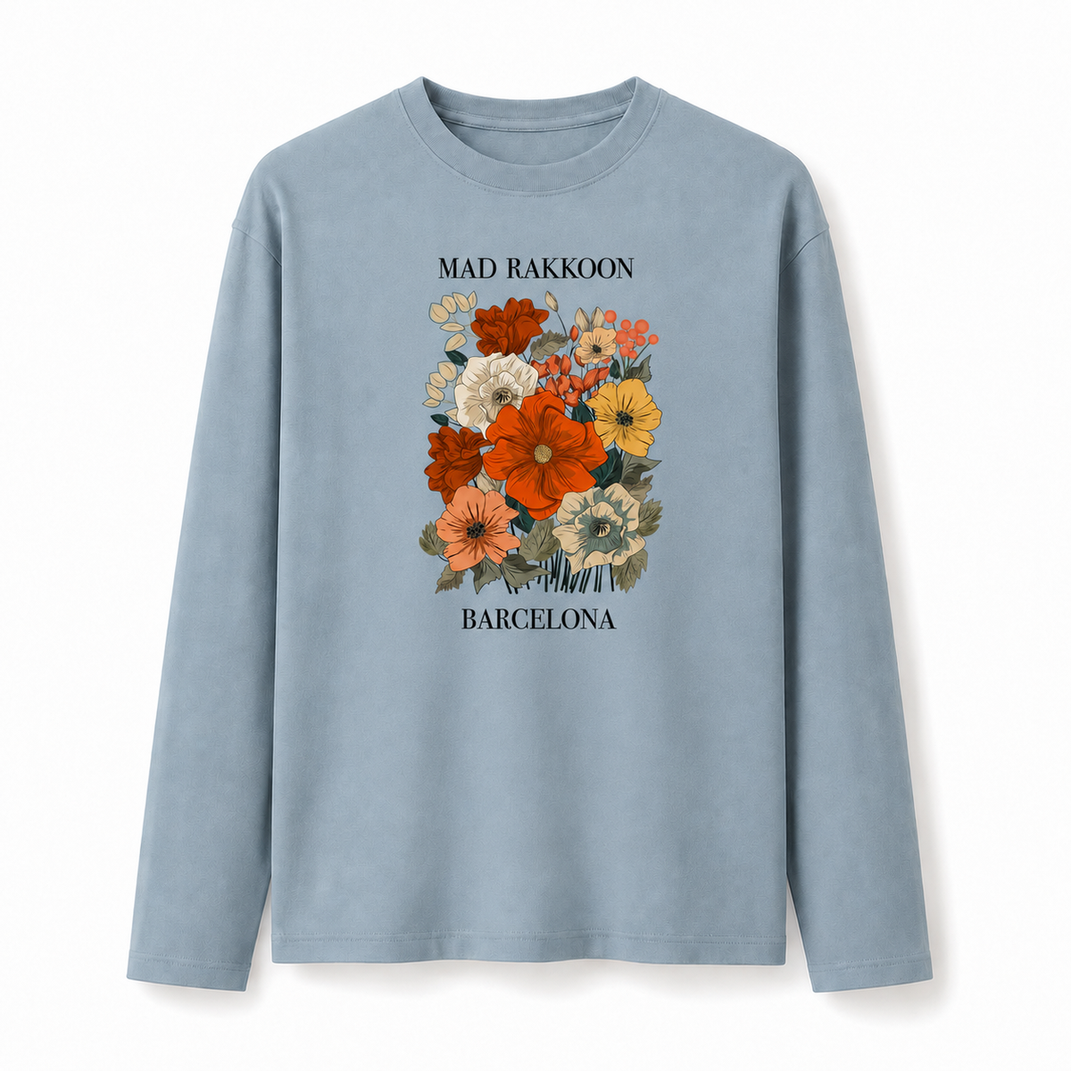 Barcelona Floral Graphic Dusty Blue Long Sleeve T-Shirt – Regular Fit