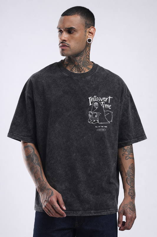 Introvert Time Black Acid Wash Oversized T-Shirt