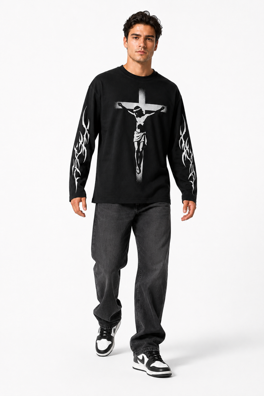 Jesus Crucifix Graphic Black Long Sleeve T-Shirt – Regular Fit