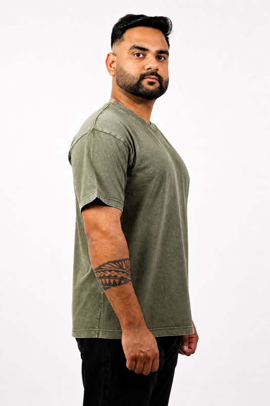 Army Green Cotton Acid Wash T-Shirt