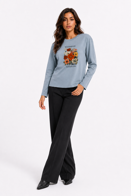 Barcelona Floral Graphic Dusty Blue Long Sleeve T-Shirt – Regular Fit
