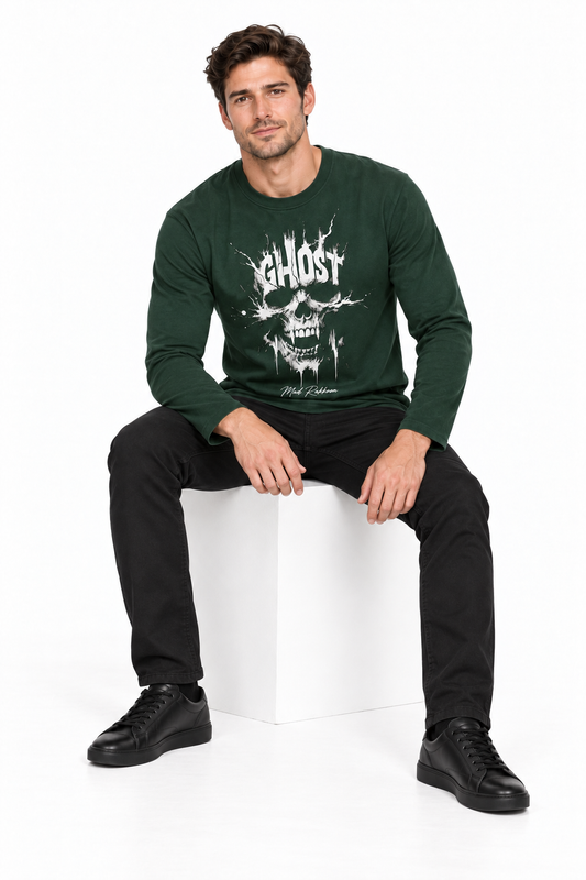 Ghost Skull Graphic Long-Sleeve Tee – Forest Green