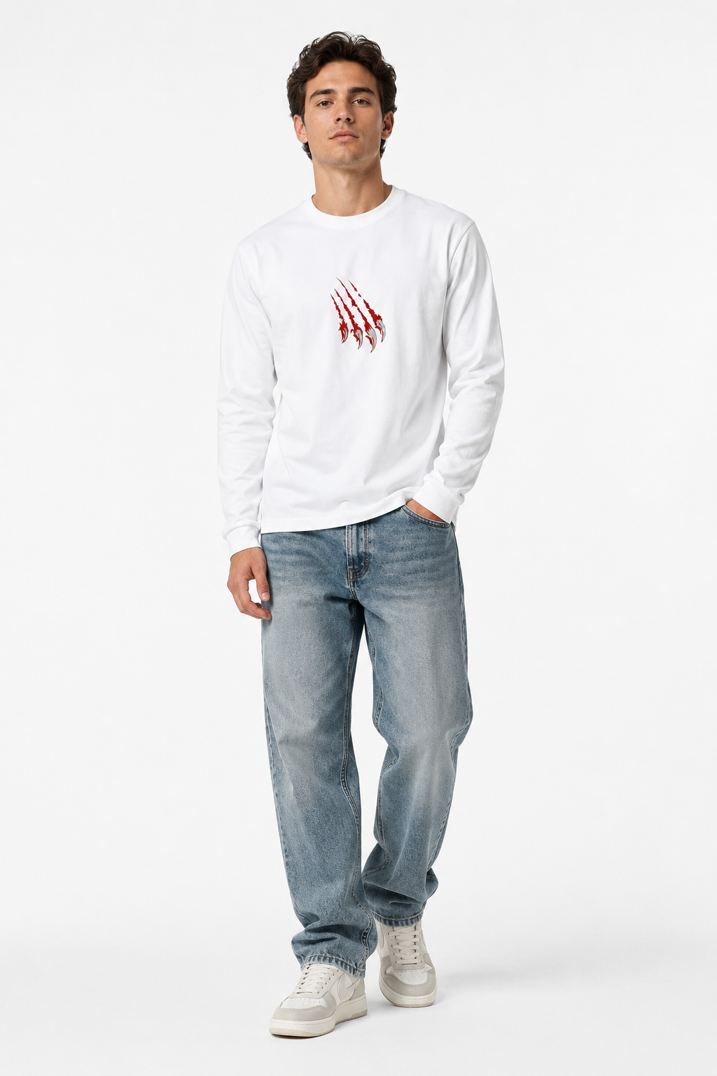 Red Claw Mark White Long Sleeve T-Shirt – Regular Fit