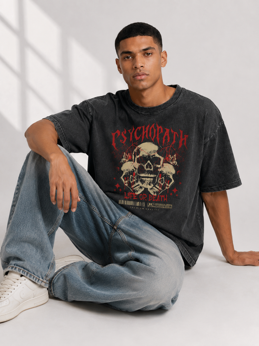 Life or Death Acid Wash Black Oversized Graphic T-Shirt