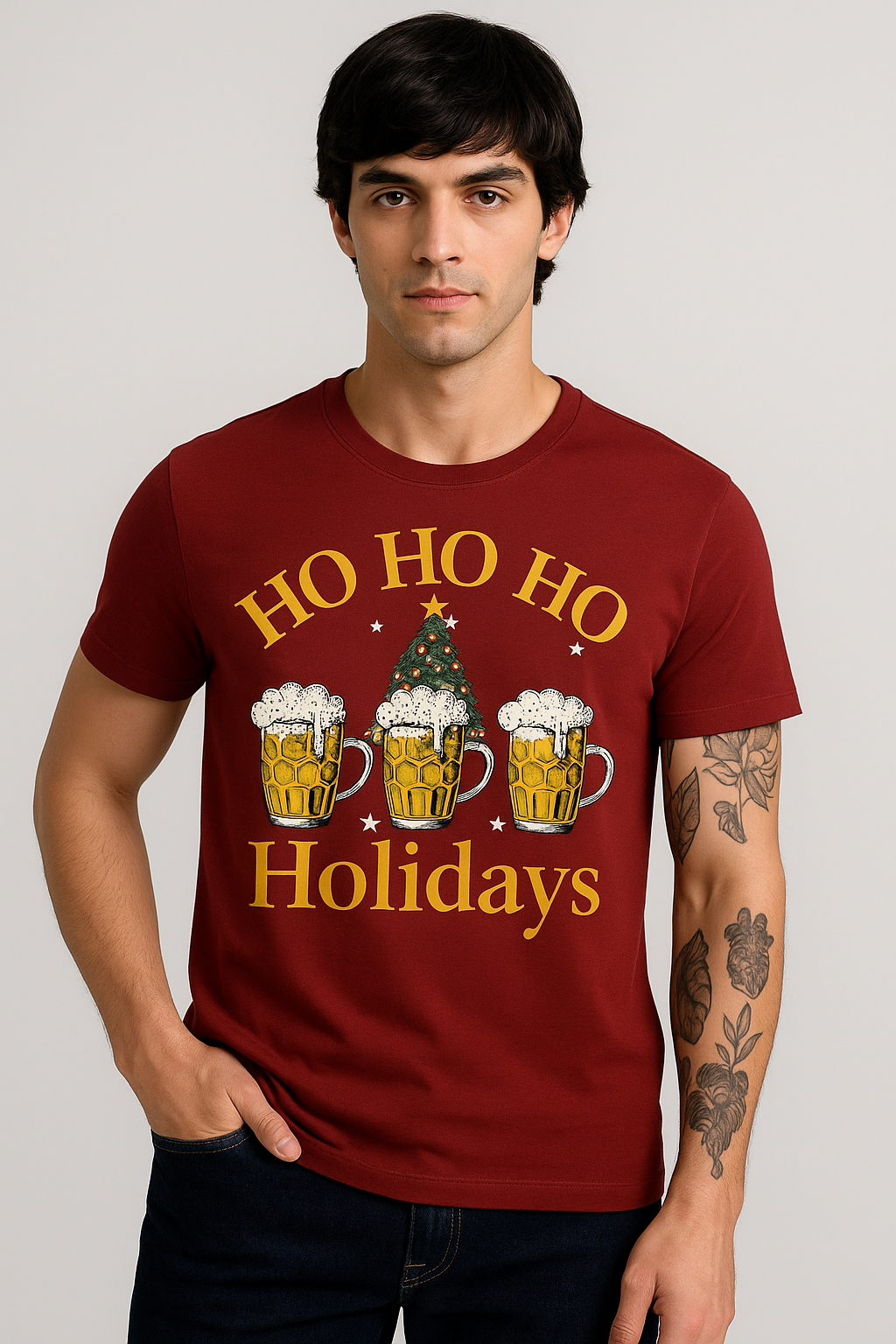 Ho Ho Ho Holidays – Christmas Beer Mug Tee | Designed in BC by Mad Rakkoon (Proudly Canadian)