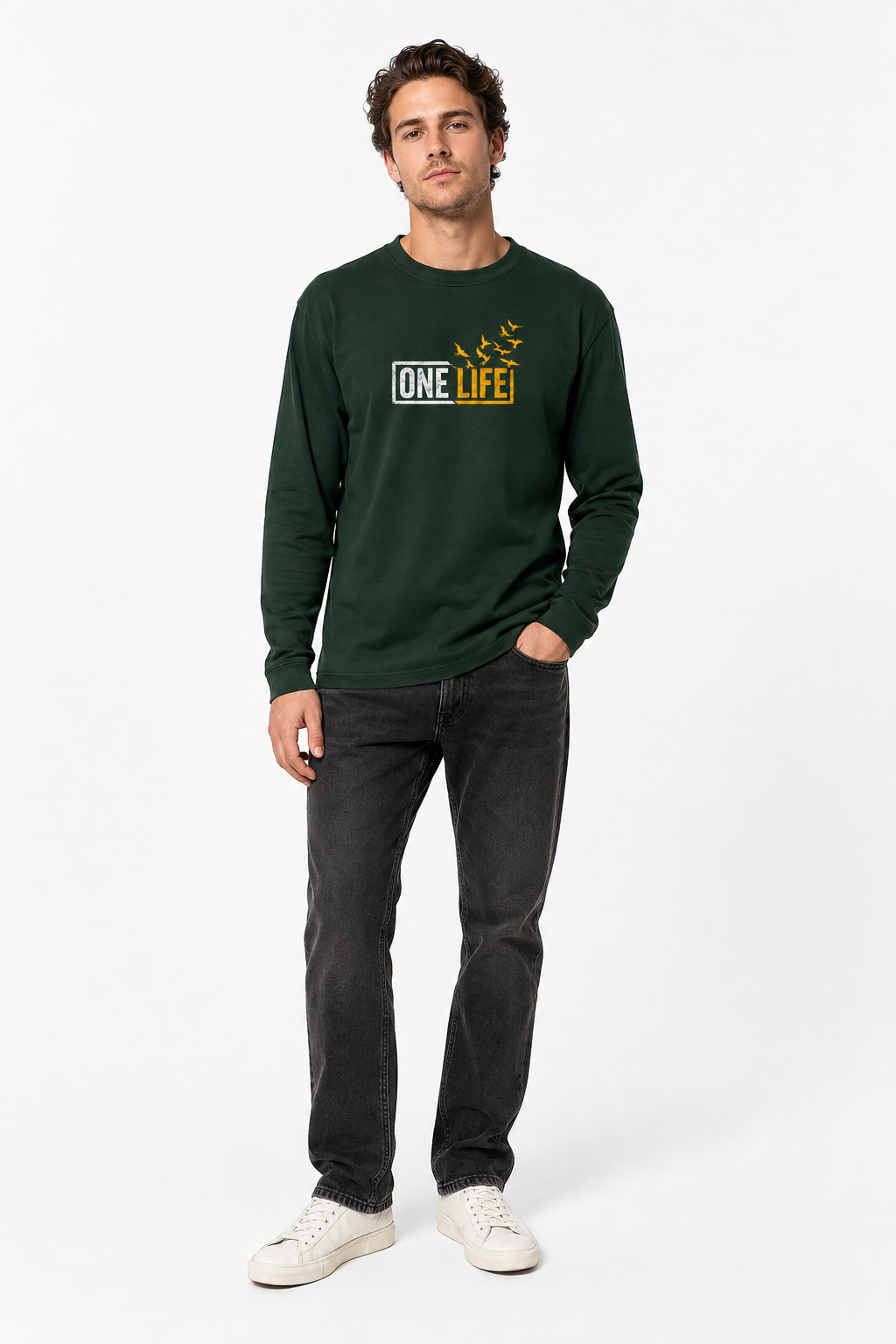 One Life Bird Graphic Forest Green Long Sleeve T-Shirt – Regular Fit
