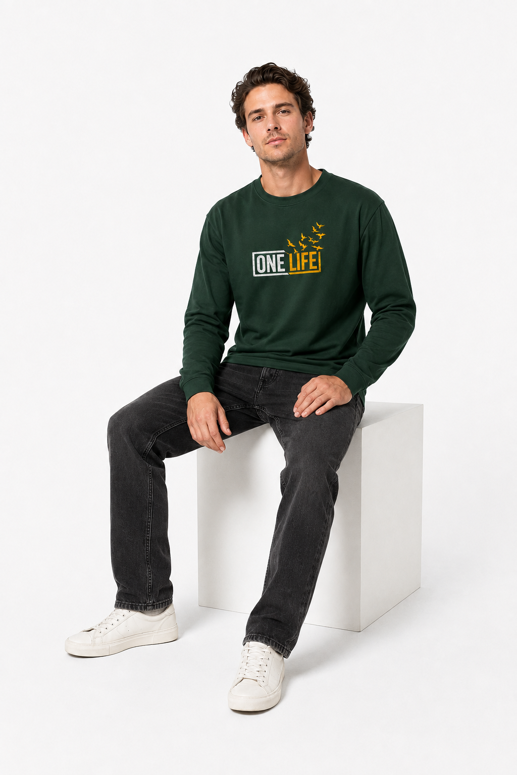 One Life Bird Graphic Forest Green Long Sleeve T-Shirt – Regular Fit