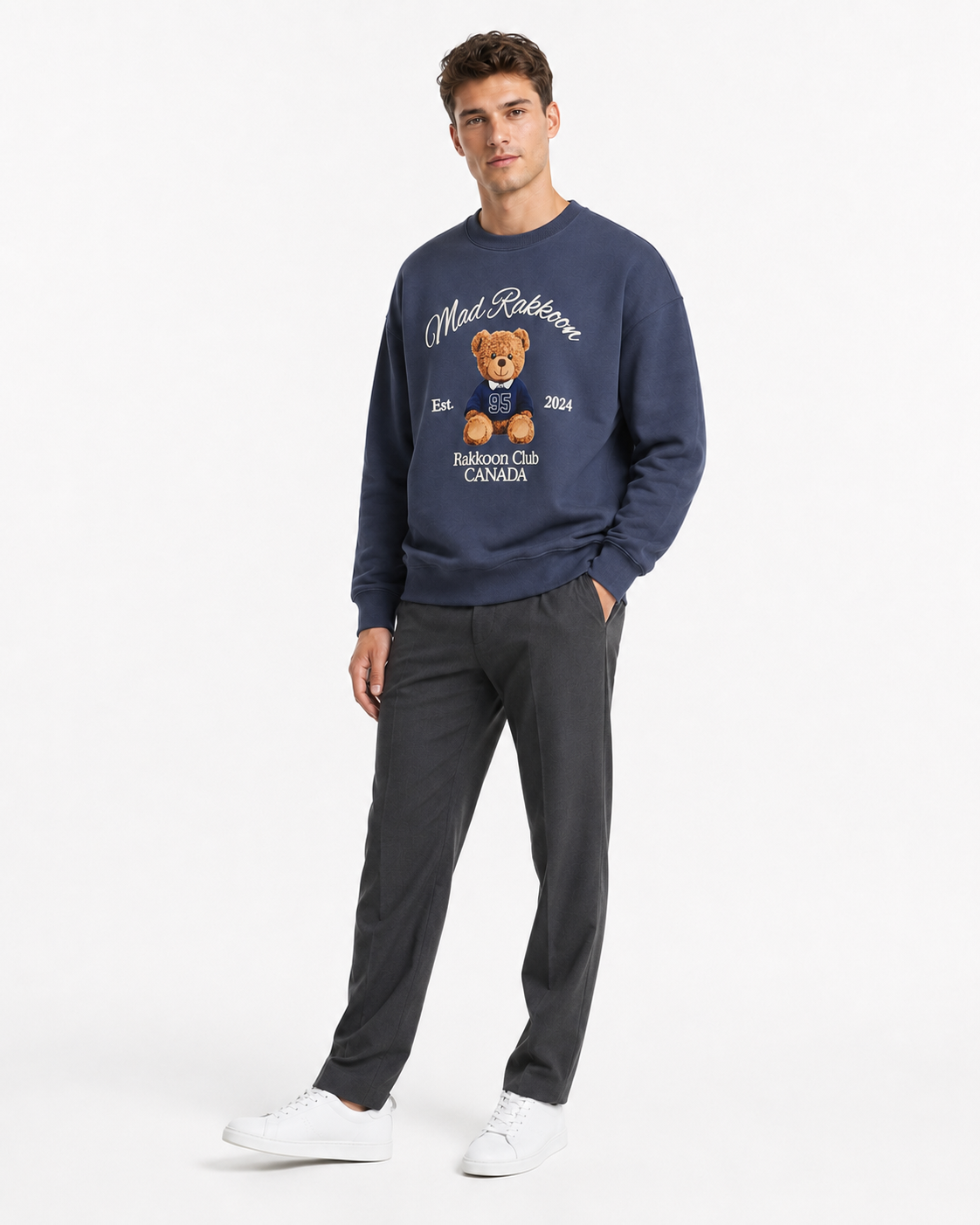 Mad Rakkoon Teddy Club Puff-Print Sweatshirt – Navy