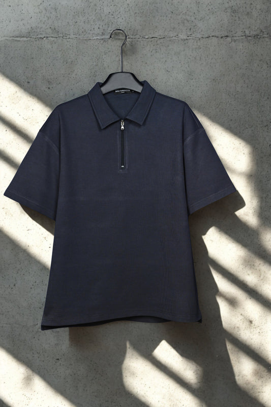Relaxed Fit Zip Polo – Cotton Blend! Charcoal Grey