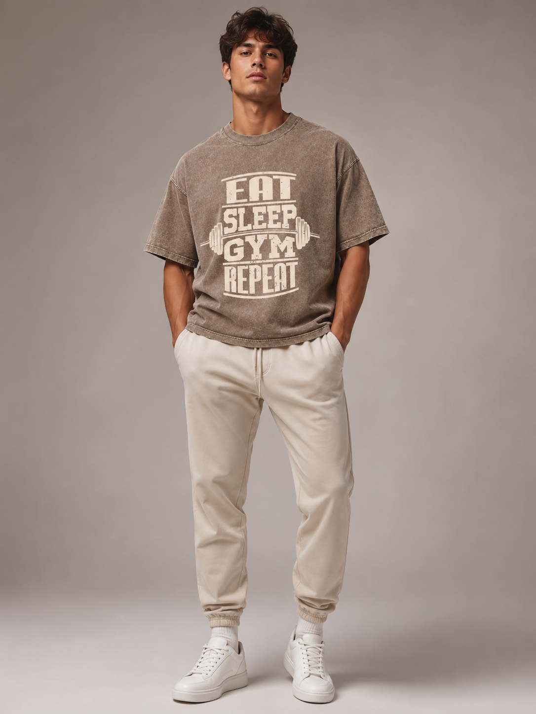 Gym Repeat Acid Wash Brown Oversized Gym T-Shirt