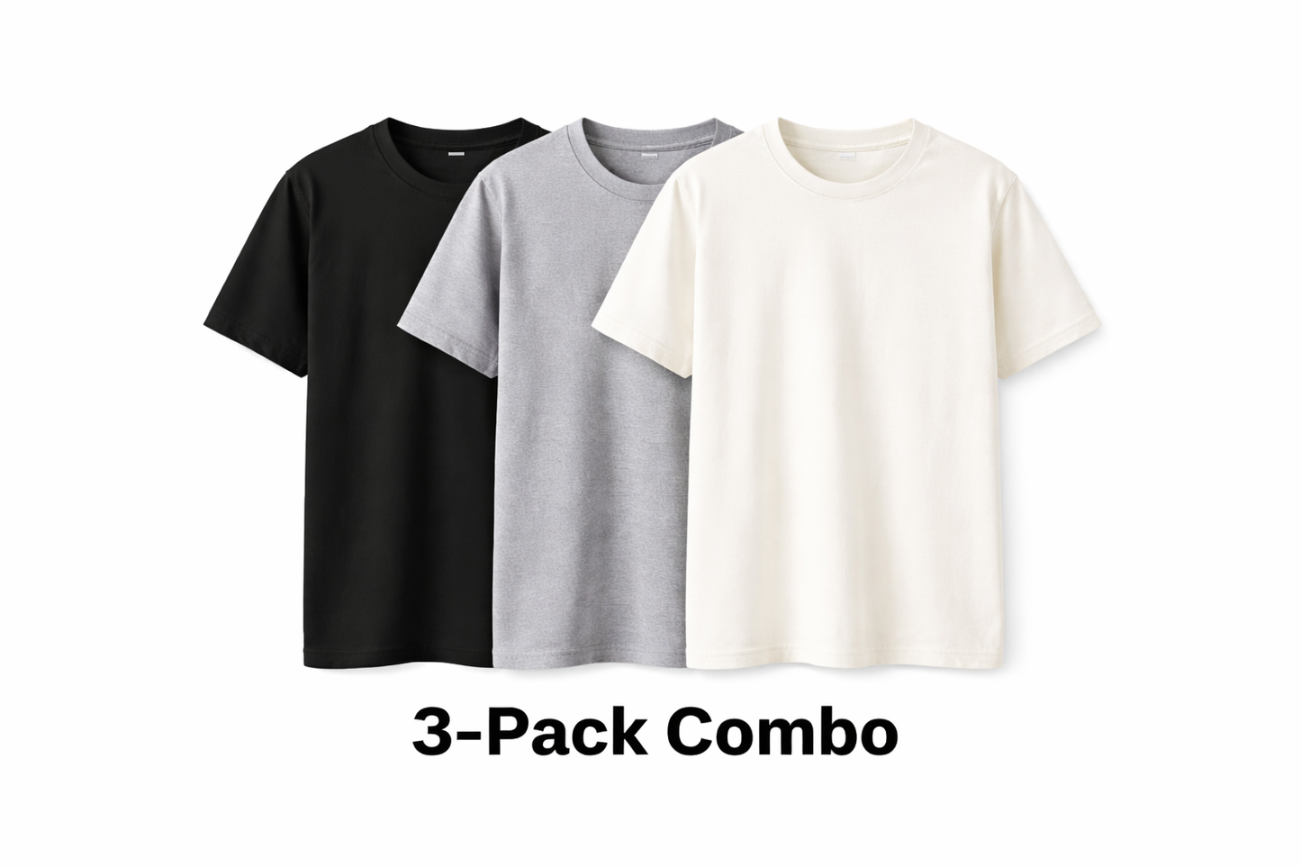 Mad Rakkoon 3-Pack Premium Cotton T-Shirt Combo – Black, Grey & Off-White | Breathable 220 GSM Crew Neck