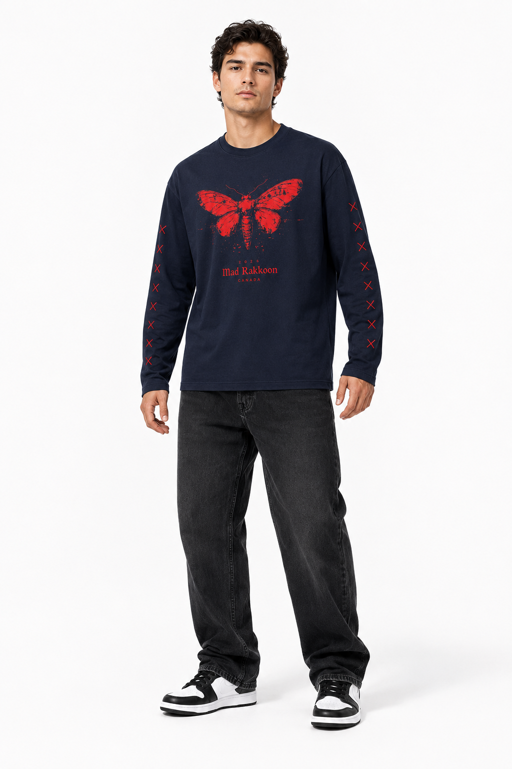 Red Moth Graphic Navy Long Sleeve T-Shirt – Regular Fit