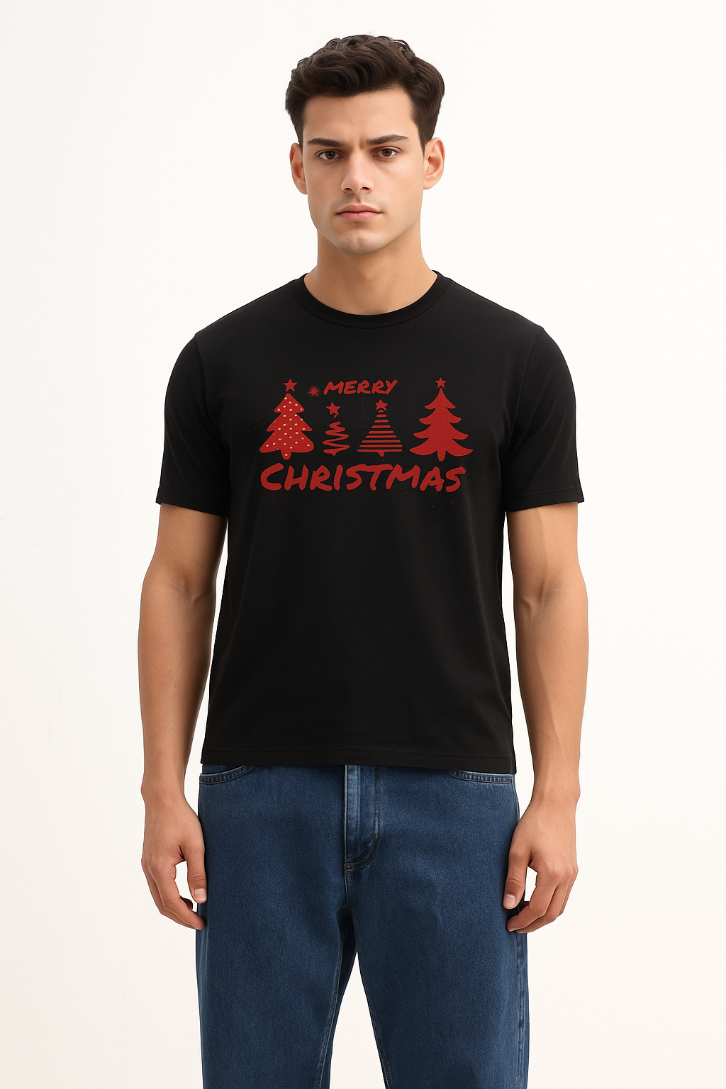 Men’s Black Merry Christmas Tree T-Shirt – Premium Cotton Holiday Tee