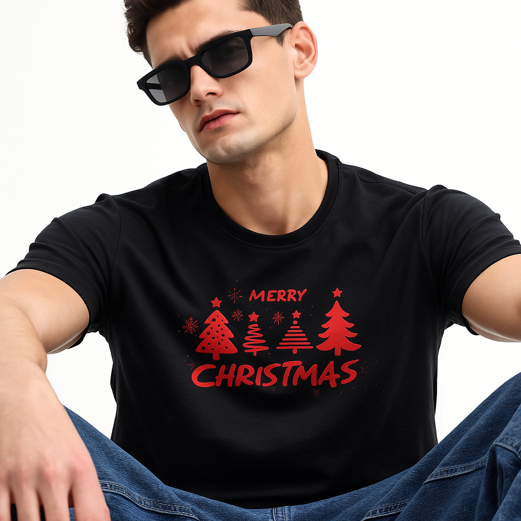 Men’s Black Merry Christmas Tree T-Shirt – Premium Cotton Holiday Tee