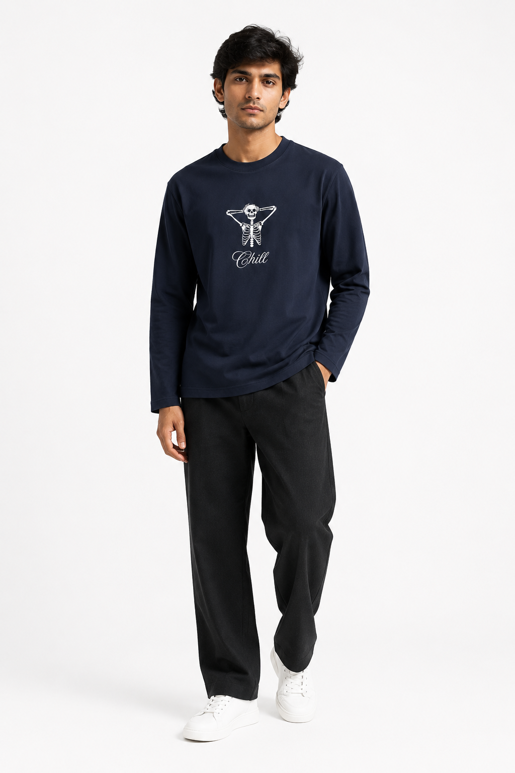 Chill Skeleton Graphic Navy Long Sleeve T-Shirt – Regular Fit