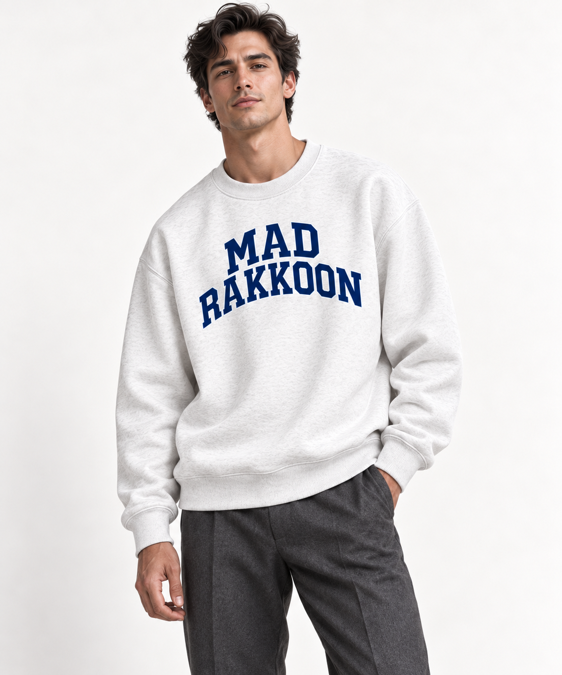 Mad Rakkoon Varsity Graphic Unisex Sweatshirt – Heather Grey