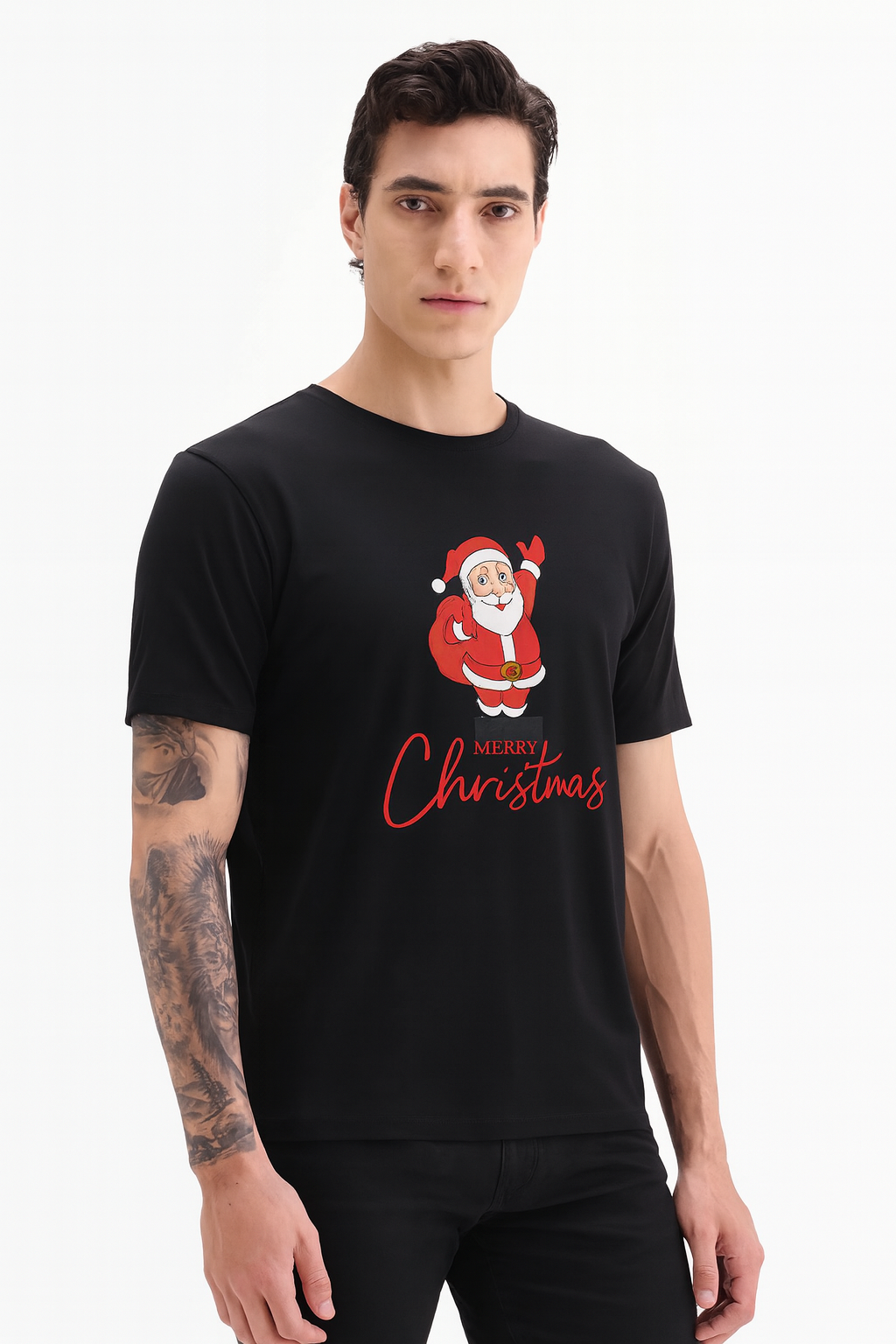 Men’s Black “Merry Christmas Santa” Premium Cotton Tee – Holiday Edition