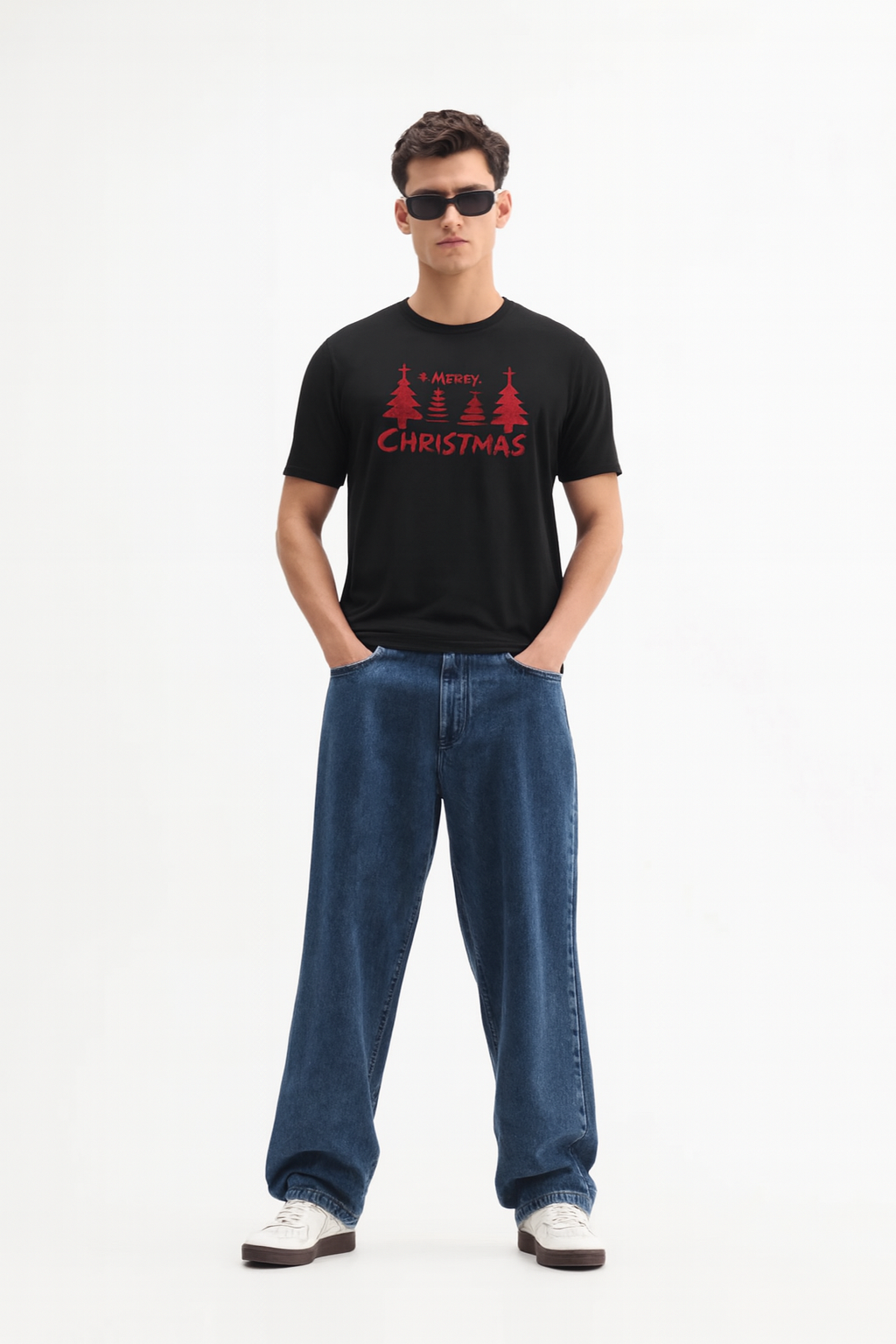Men’s Black Merry Christmas Tree T-Shirt – Premium Cotton Holiday Tee