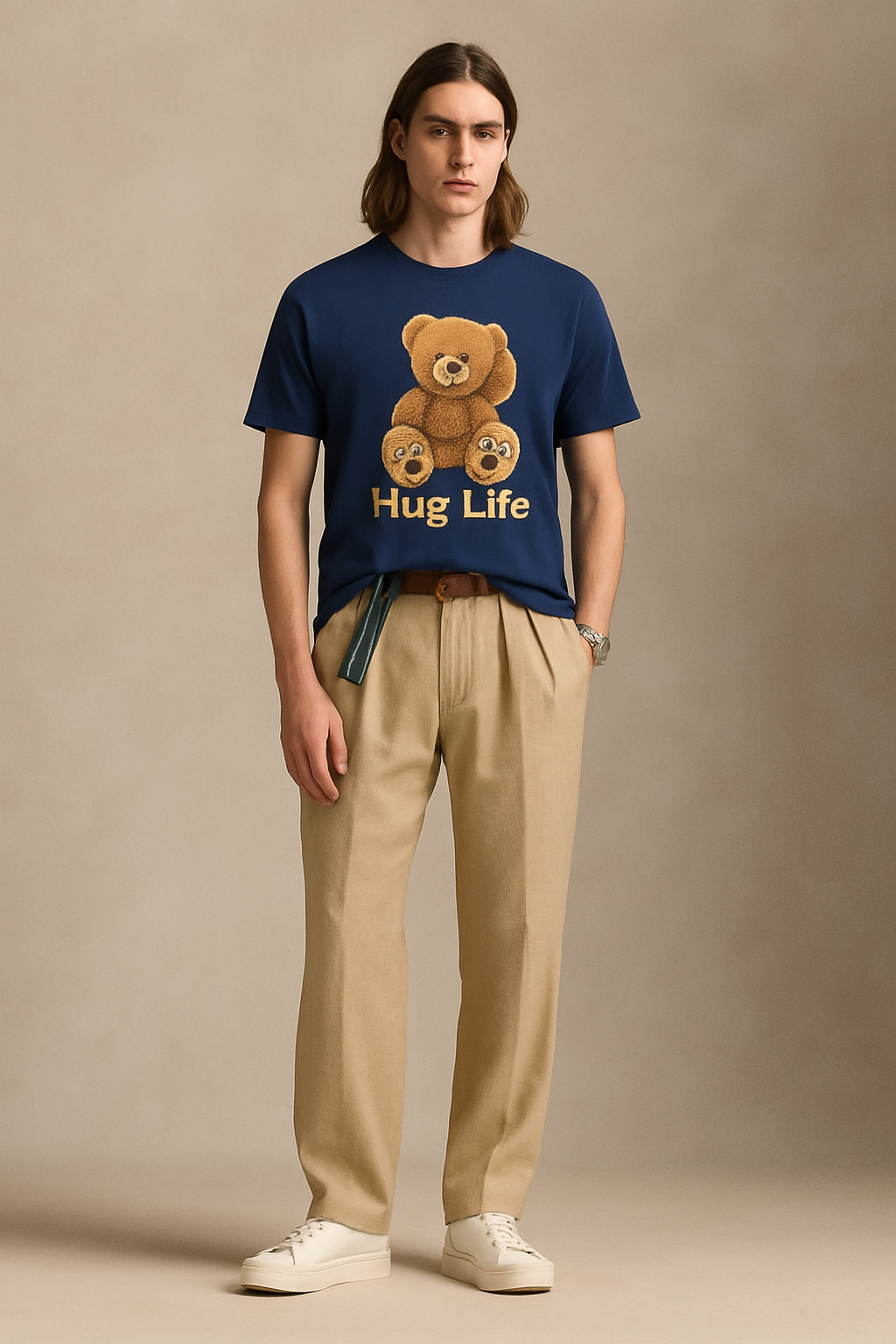 Hug Life Bear Tee – 100% Cotton Navy Blue T-Shirt