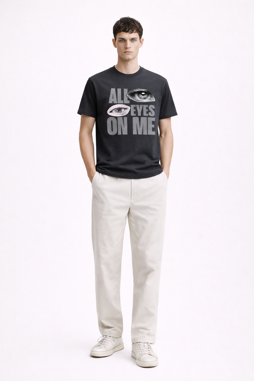 All Eyes On Me Graphic T-Shirt – Charcoal Grey Minimal Streetwear Tee for Men