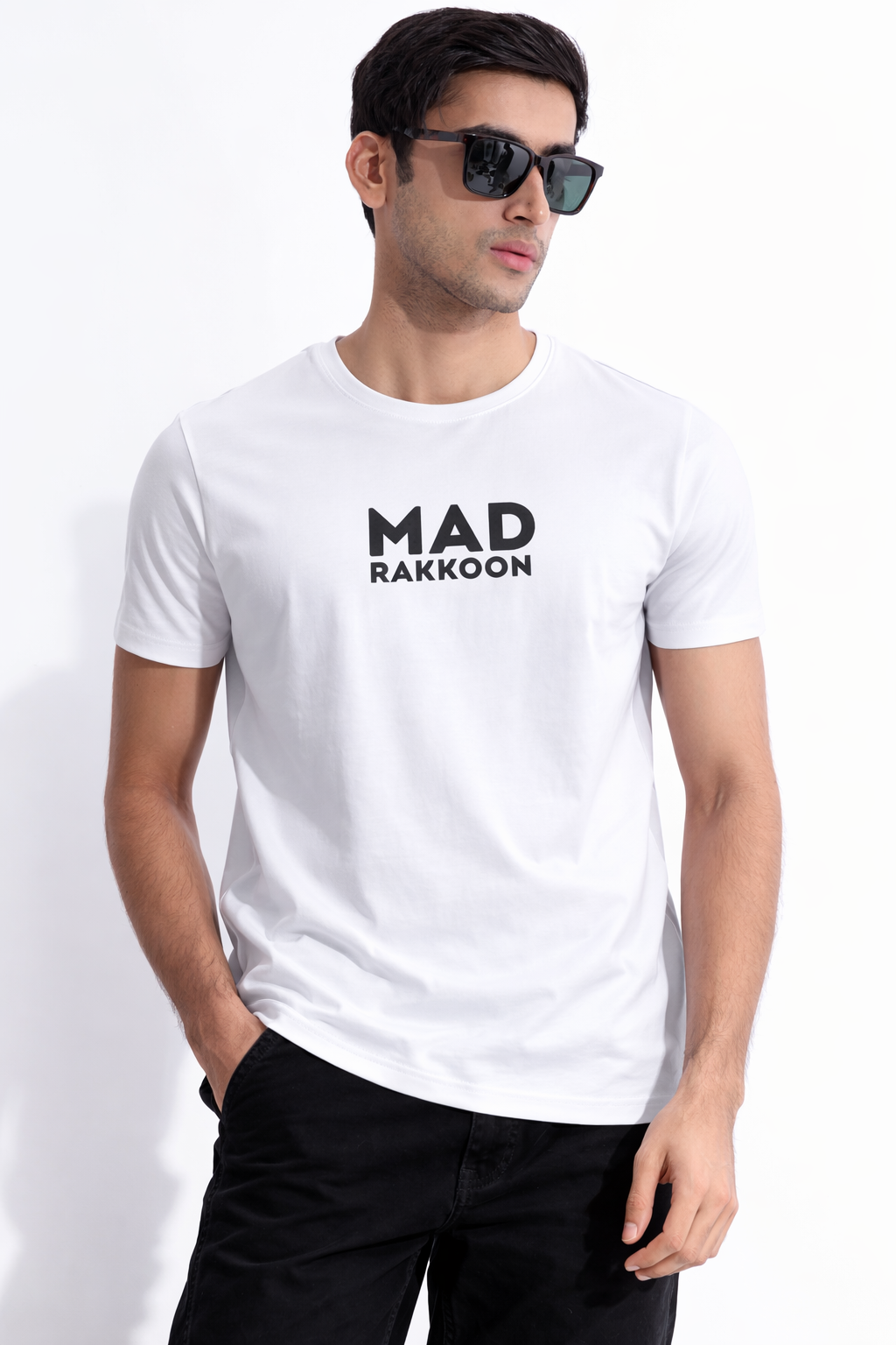 Mad Rakkoon Signature White T-Shirt – 220 GSM Premium Cotton | Minimal Logo Edition