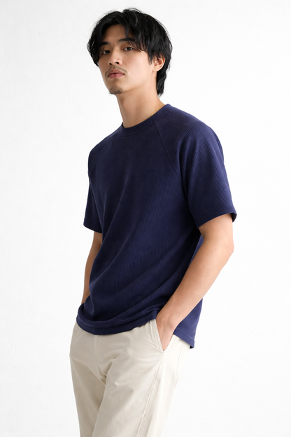 Waffle Knit Tee Solid Navy Blue Color.