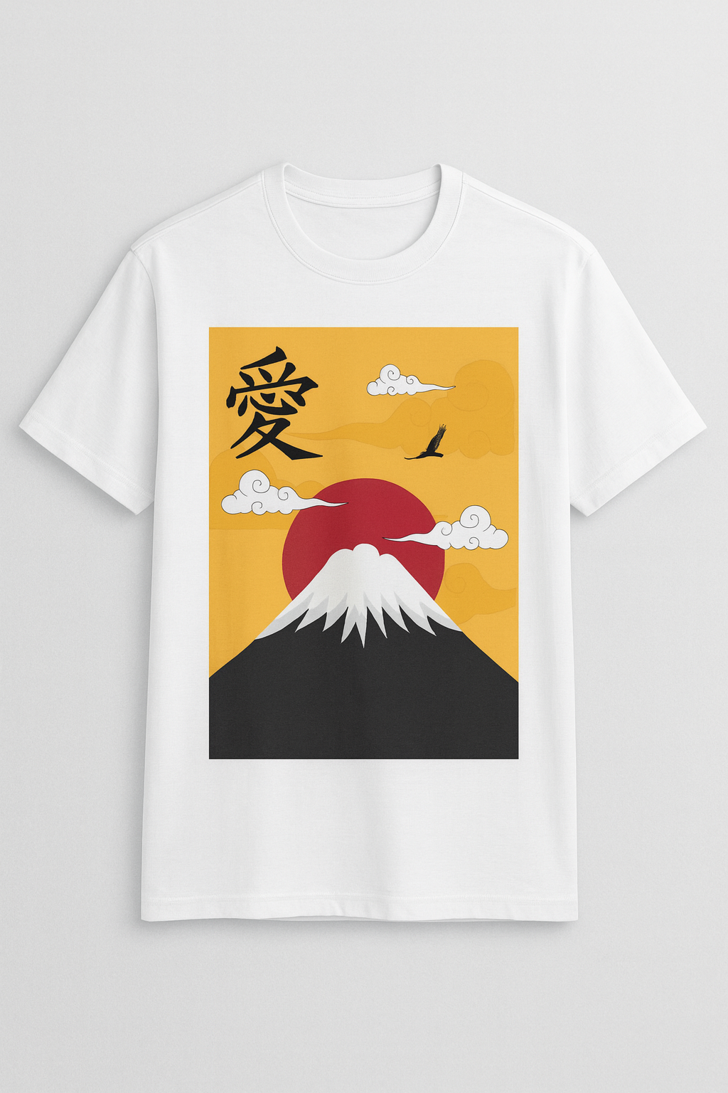 White t-shirt with Mount Fuji and Japanese characters design on a yellow background