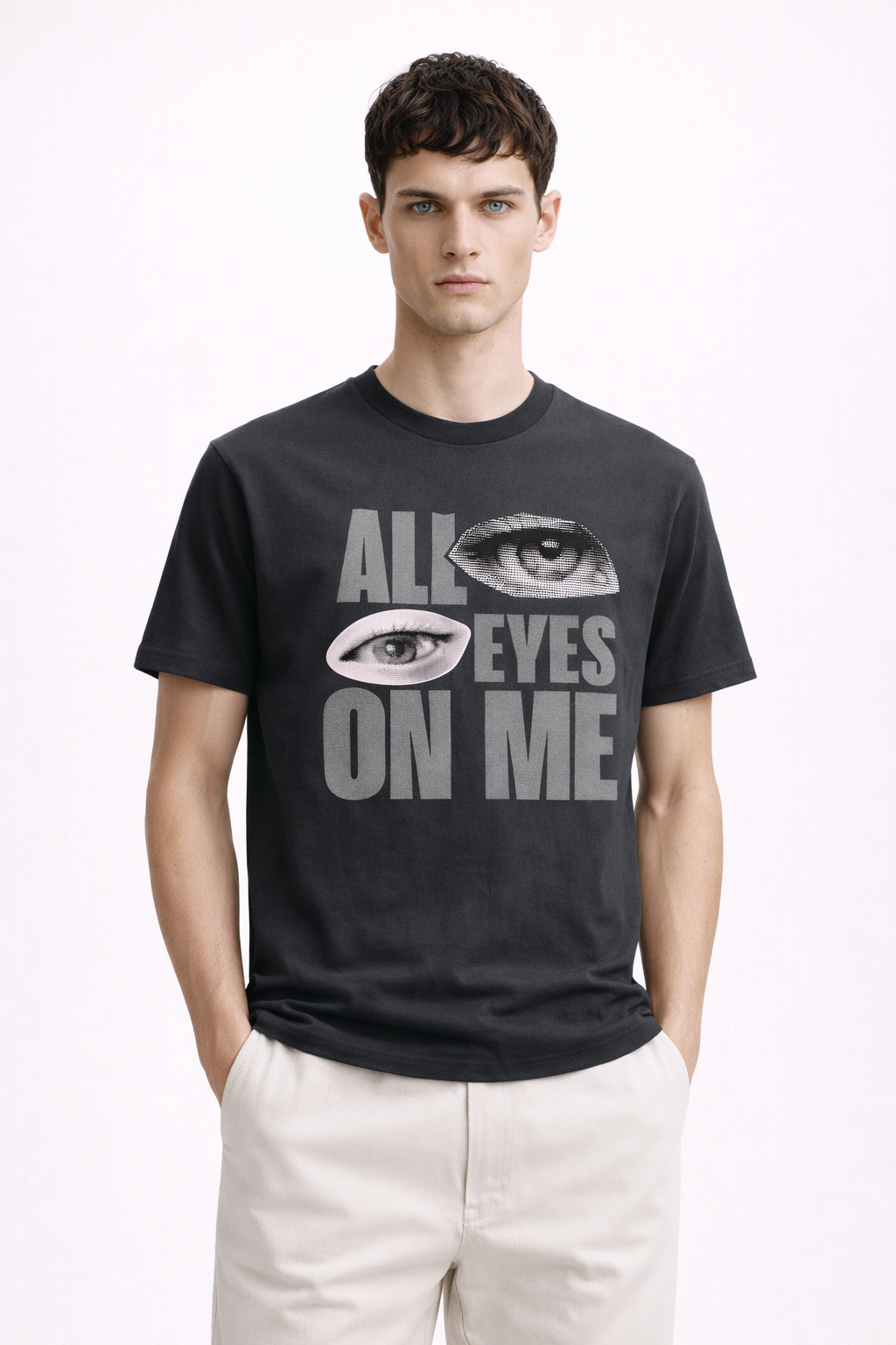 All Eyes On Me Graphic T-Shirt – Charcoal Grey Minimal Streetwear Tee for Men