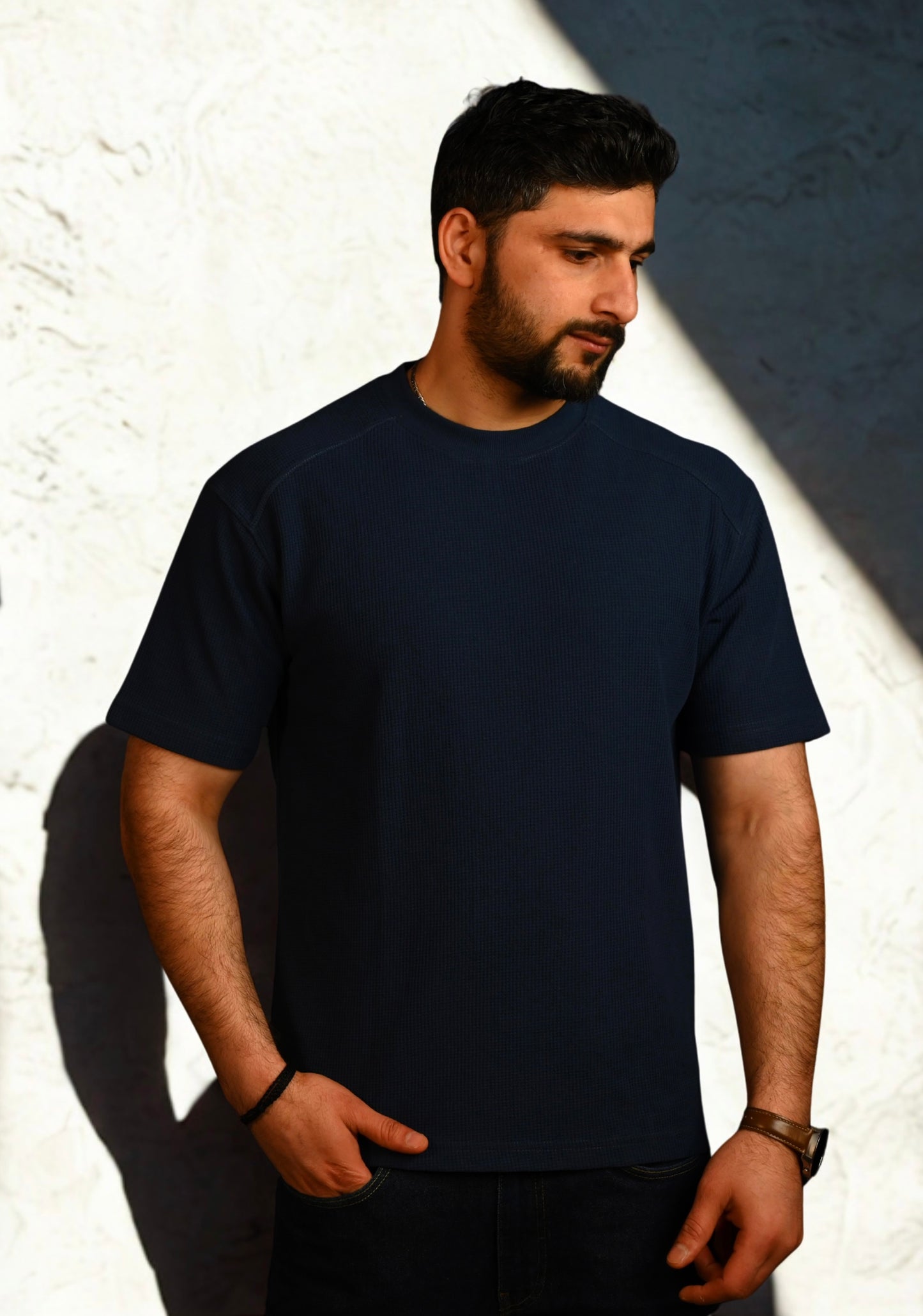 Waffle Knit Tee Solid Navy Blue Color.