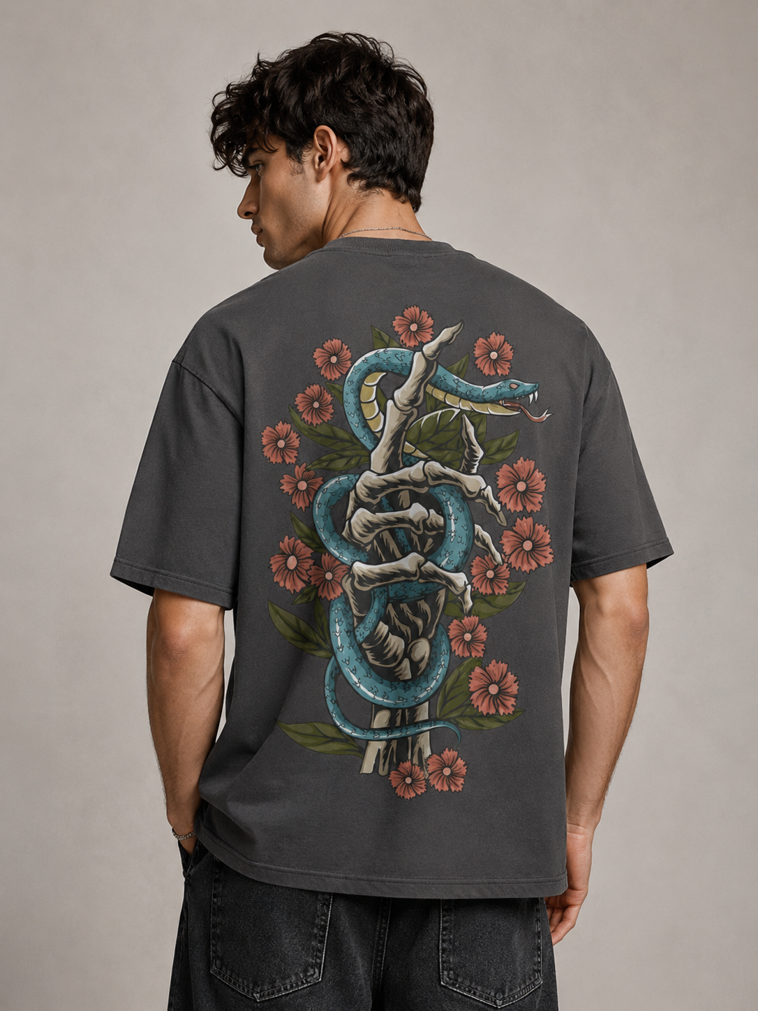 Serpent & Floral Graphic Charcoal Oversized T-Shirt