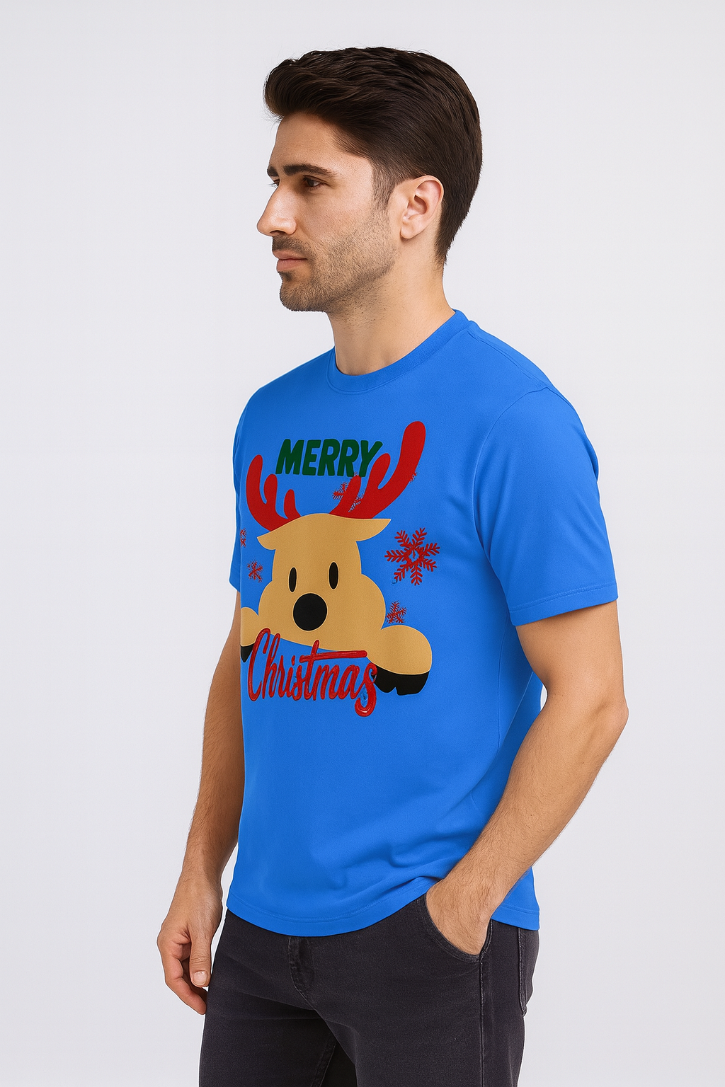 Men’s “Merry Christmas Reindeer Peek” Premium 100% Cotton Holiday Graphic Tee – Bright Blue