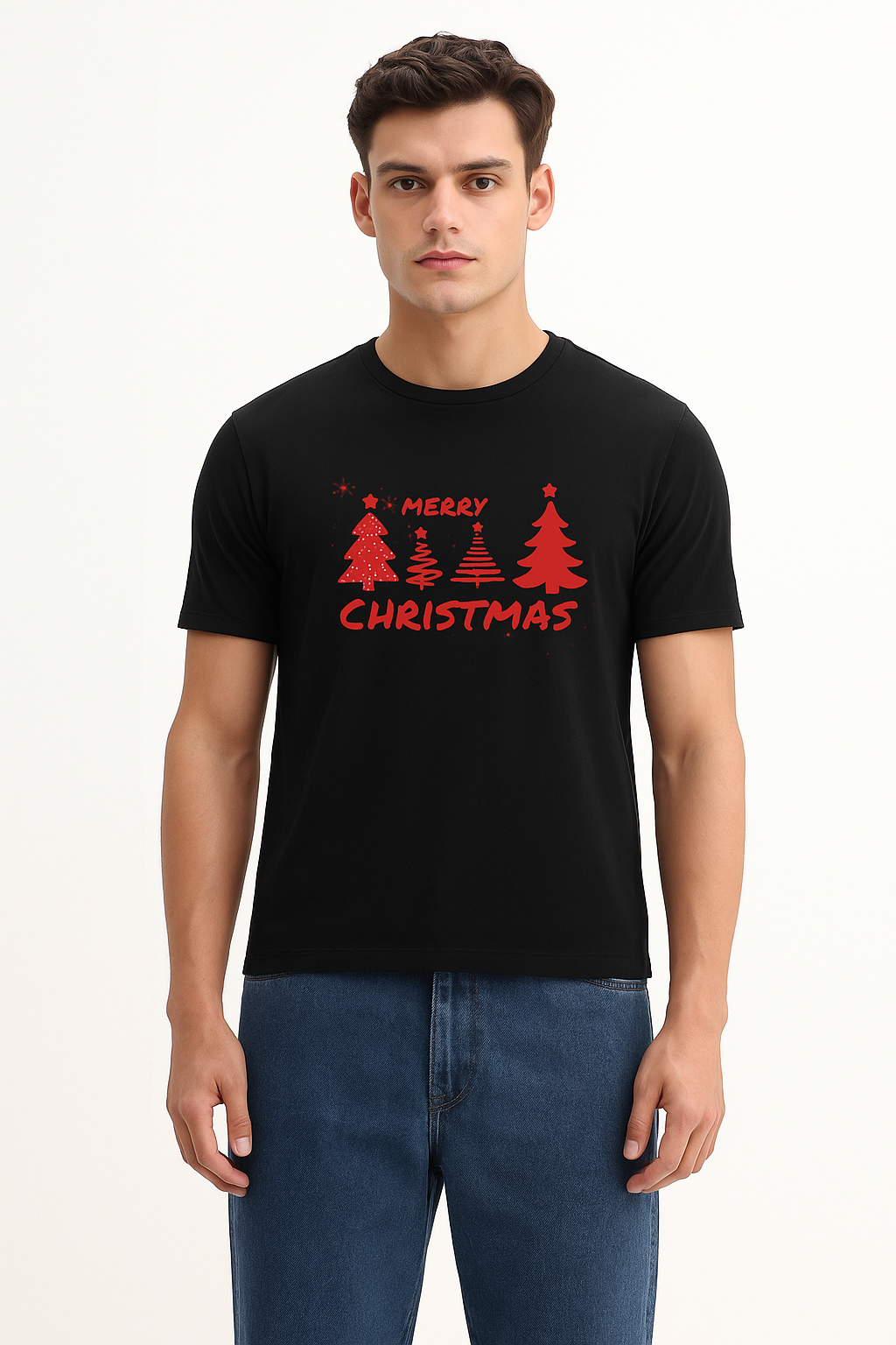 Men’s Black Merry Christmas Tree T-Shirt – Premium Cotton Holiday Tee