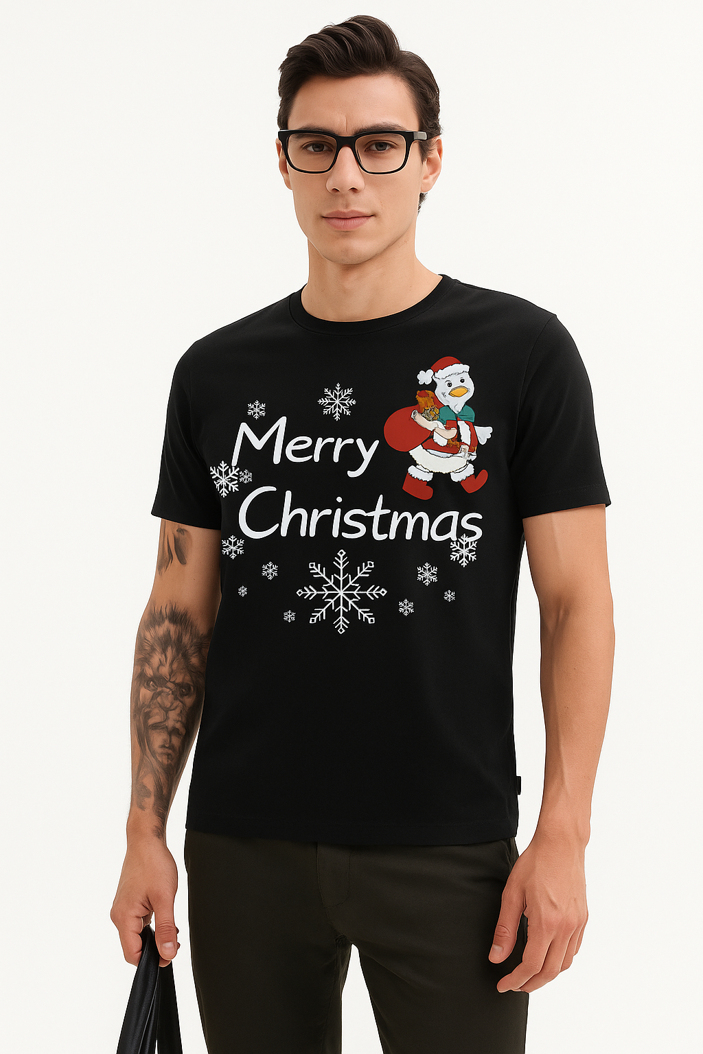 Cute Santa Duck Christmas Tee – Winter Snowflake Print Black Color T shirt