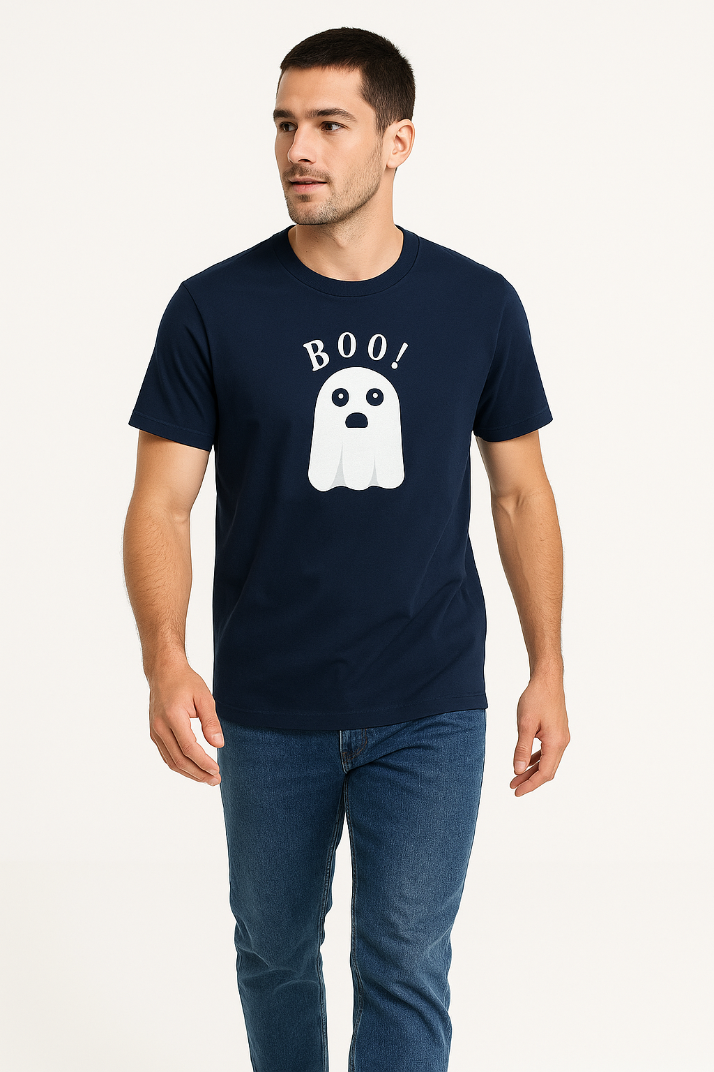 BOO! Cute Ghost Navy T-Shirt – Premium Cotton Graphic Tee