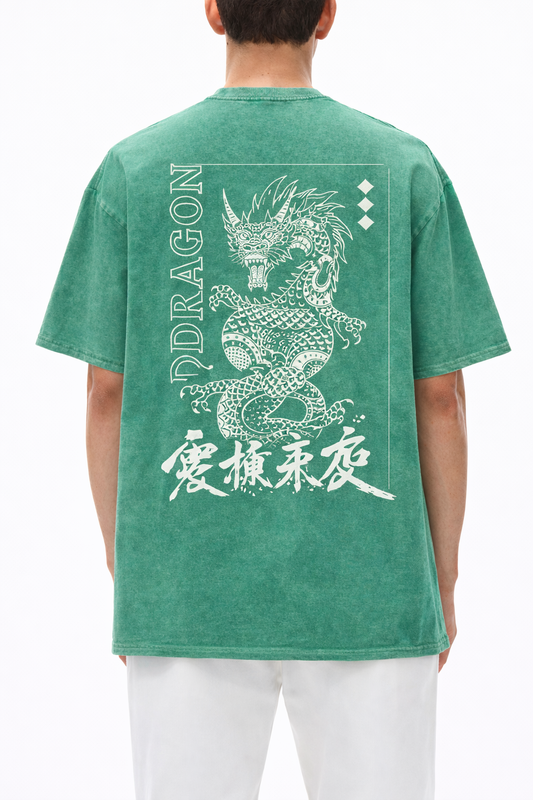 Green Acid Wash Dragon Oversized T-Shirt – 240 GSM Relaxed Fit Unisex