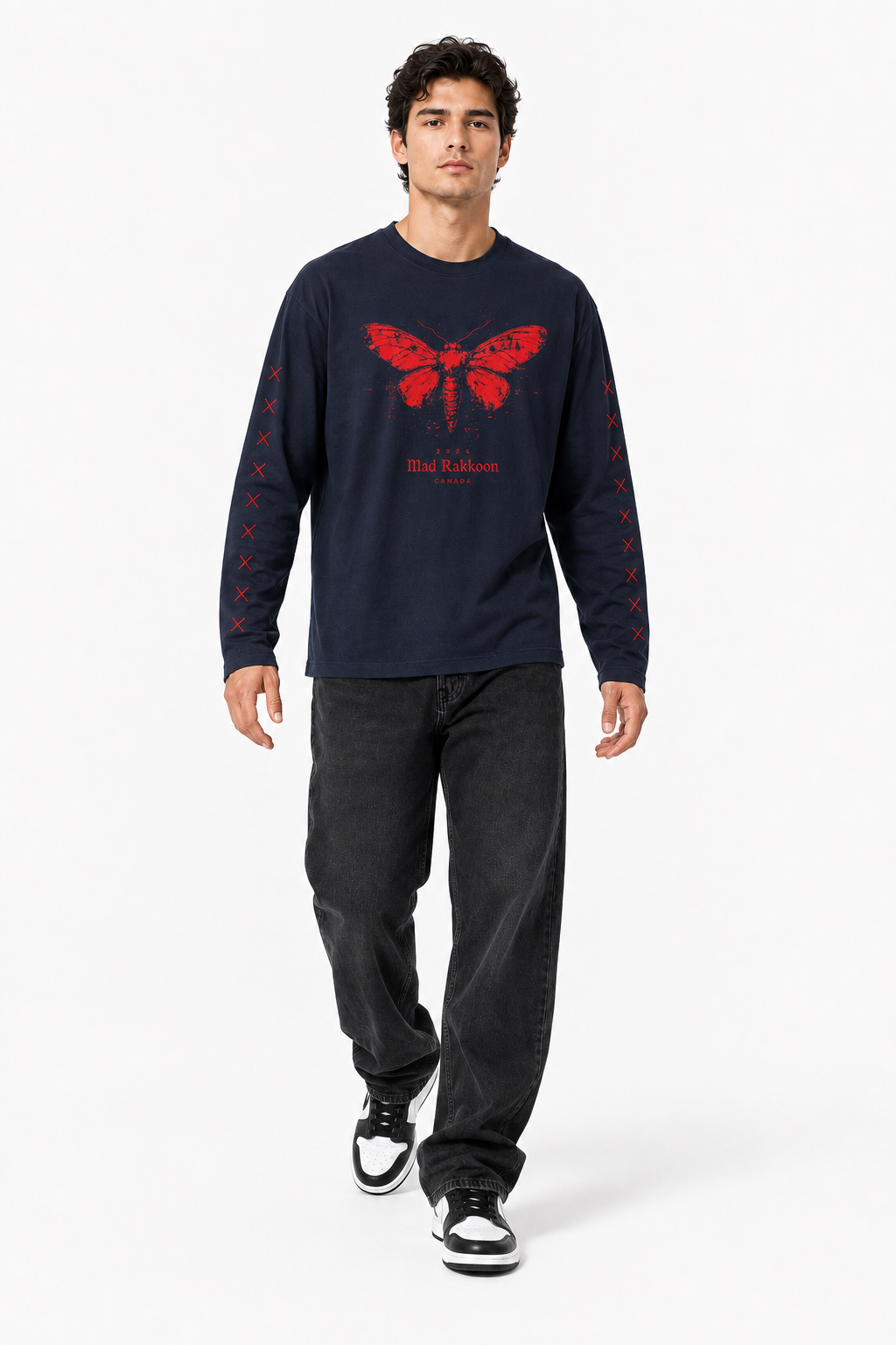 Red Moth Graphic Navy Long Sleeve T-Shirt – Regular Fit