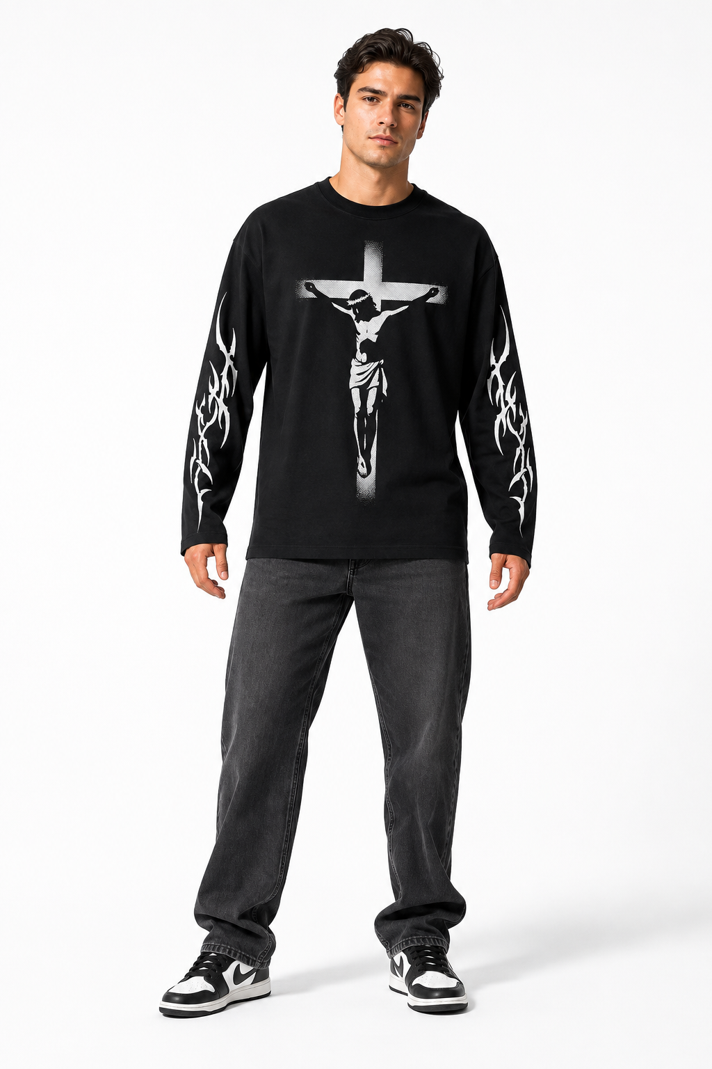 Jesus Crucifix Graphic Black Long Sleeve T-Shirt – Regular Fit