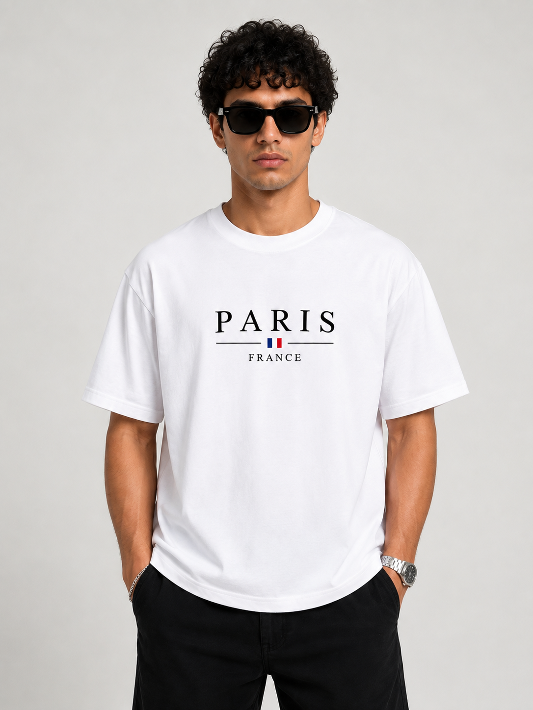 PARIS White Regular Fit Cotton T shirt