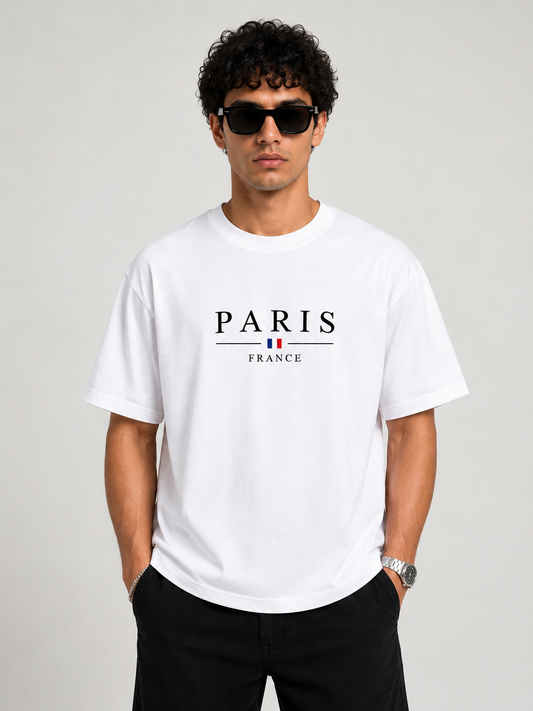 PARIS White Regular Fit Cotton T shirt
