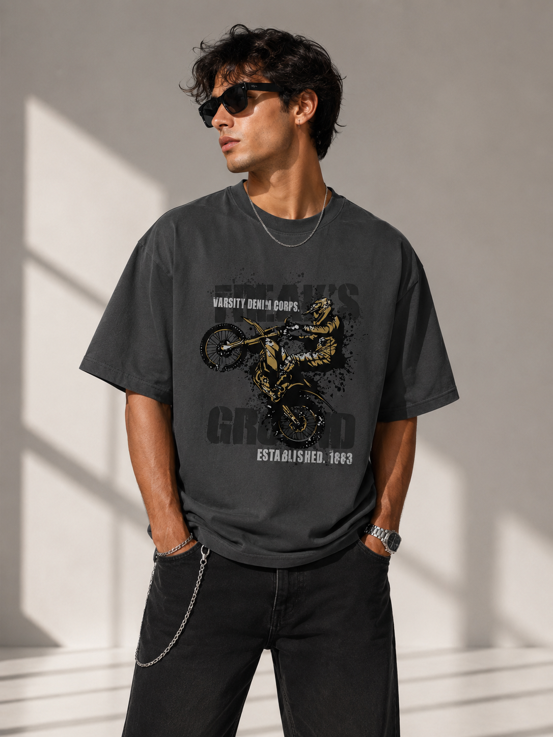 Motocross Wheelie Graphic T-Shirt – Charcoal