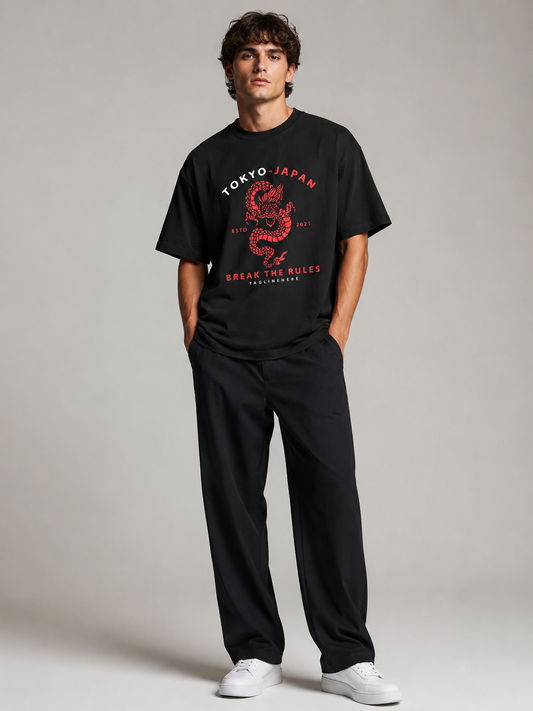 Tokyo Japan Dragon Graphic Relaxed Black T-Shirt