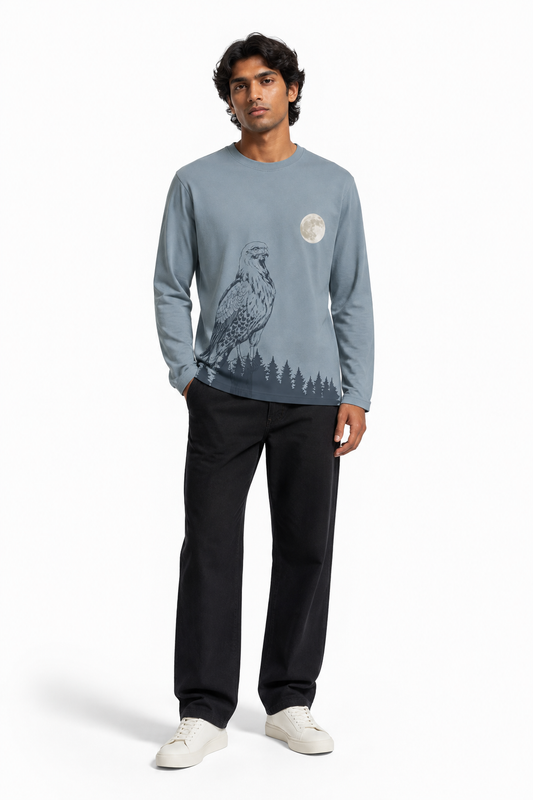 Moonlit Eagle Graphic Long-Sleeve Cotton T-Shirt – Slate Blue