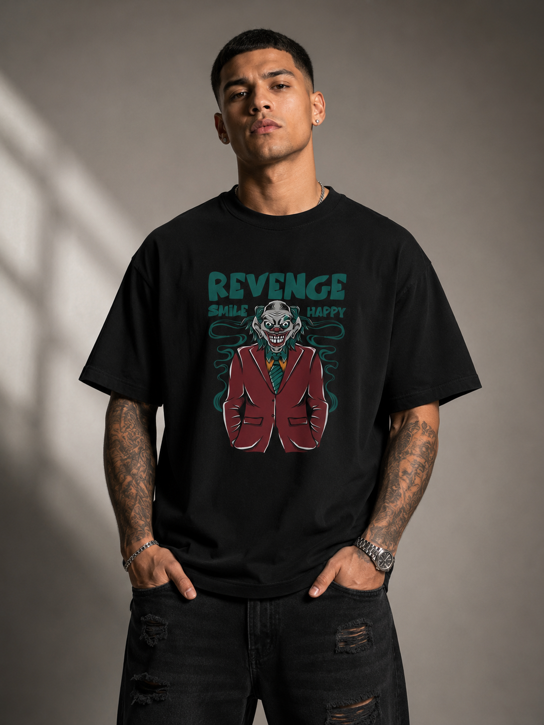 Revenge Smile Graphic Black Oversized T-Shirt