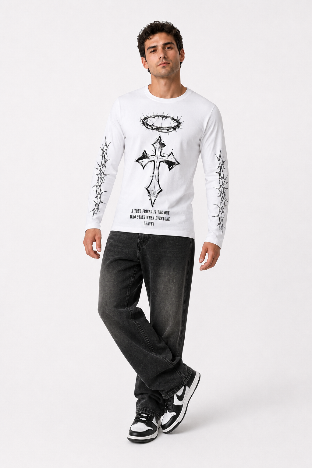 True Friend Cross Graphic White Long Sleeve T-Shirt – Regular Fit
