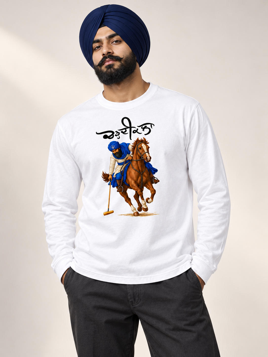 Punjabi Heritage Horse Rider Long-Sleeve T-Shirt – White