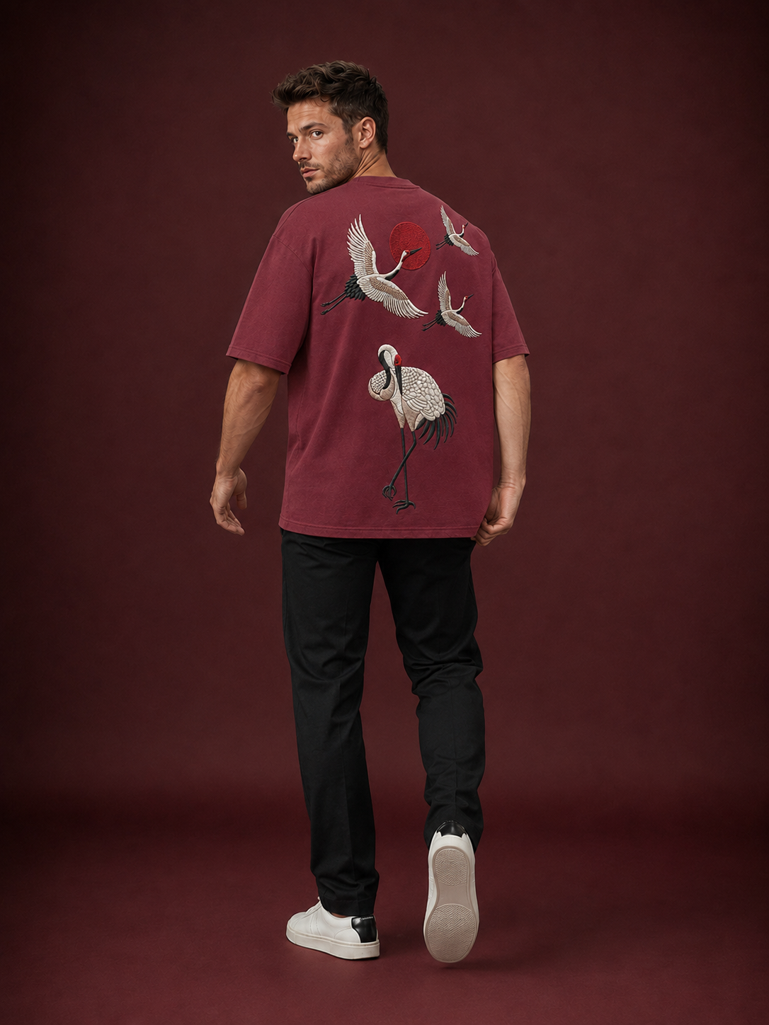 Crimson Crane Heavyweight Baggy Embroidered T-Shirt
